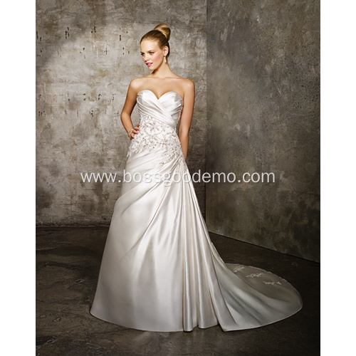 A-line Sweetheart Cathedral Train Satin Criss-Cross Beading Wedding Dress